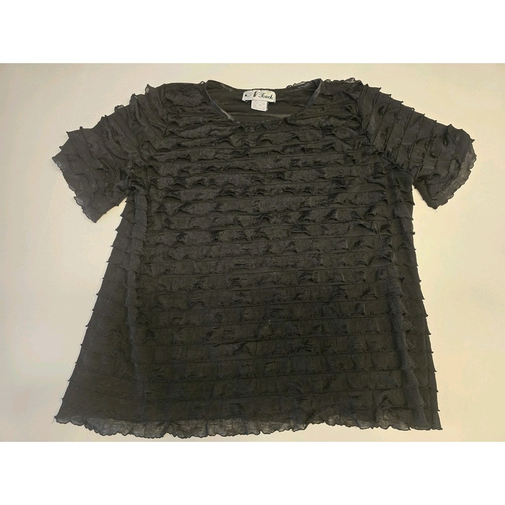 N‎ Touch Blouse Shirt Tiered Ruffles Womens Large Black Stretch Sheer
